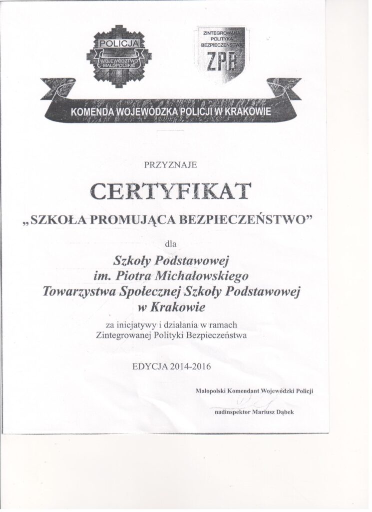 Certyfikat Szkola Promujaca Bezpieczenstwo